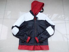 Flesh & Hide / F&H - a soft Leather jacket, black, white and red with red hood,