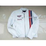 A Genuine Leather motorcycle jacket, red, white and blue, Heuer, Firestone, Gulf branding,