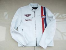 A Genuine Leather motorcycle jacket, red, white and blue, Heuer, Firestone, Gulf branding,