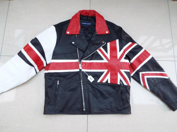 A Genuine Leather motorcycle jacket by Boutique Enland, red, white and black, Smart Range,