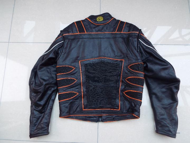 A Leather Motorcycle jacket, black with orange and white trim, unused surplus retail sock, - Image 2 of 2