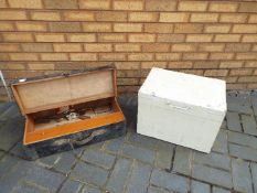 A carpenter's tool chest with a small quantity of tools and one other.