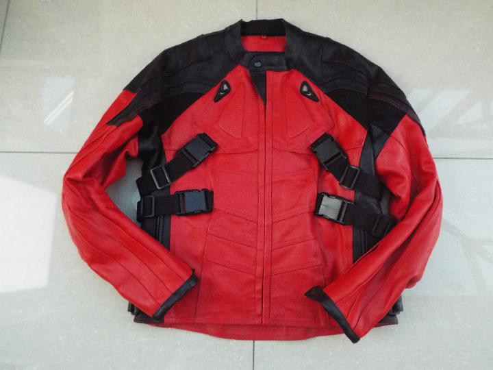 A Genuine Leather motorcycle jacket, red and black, unused surplus retail stock,