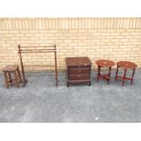 Lot to include a turned wood towel rail, pair of folding occasional tables, stool and similar.