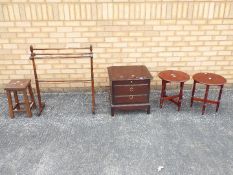 Lot to include a turned wood towel rail, pair of folding occasional tables, stool and similar.