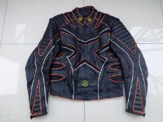 A Leather Motorcycle jacket, black with orange and white trim, unused surplus retail sock,
