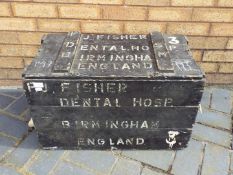 Pine military shipping chest, stenciled to the top F J FISHER DENTAL HOSP BIRMINGHAM ENGLAND,