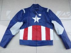 A Genuine Leather motorcycle jacket, red, white and blue, unused surplus retail stock,