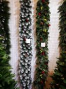A 6 foot frosty garland illuminated with warm white lights with 3 plugs.