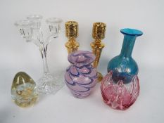 Glass to include candlesticks, vases, paperweight and similar.