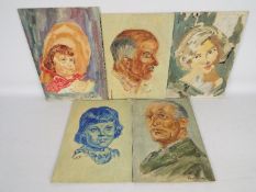 A collection of unframed, oil on board portraits, approximately 36 cm x 26 cm.