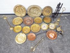 Mixed metal ware to include cast iron, brass, copper and pewter, fireside companion,