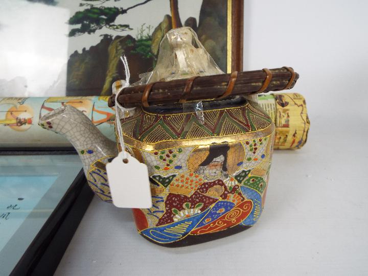 Two pieces of Japanese wall art and a teapot. - Image 4 of 6