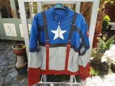 Kamboz Leather - a leather motorcycle jacket, red, white, blue and black,