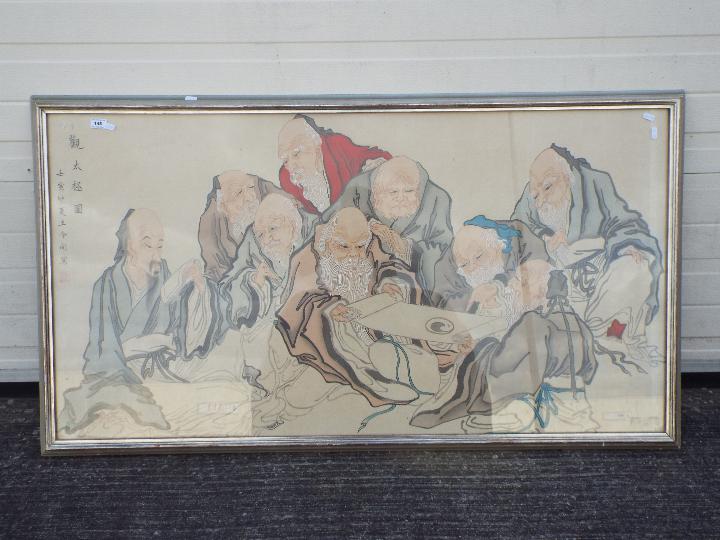 A large framed watercolour by Wang Ling Ren depicting Shou Lao and the Immortals contemplating the