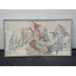 A large framed watercolour by Wang Ling Ren depicting Shou Lao and the Immortals contemplating the