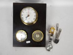 Lot to include a wall mountable weather station, two wrist watches and a miniature clock.