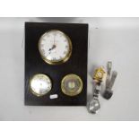 Lot to include a wall mountable weather station, two wrist watches and a miniature clock.