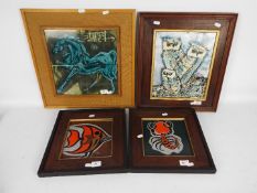 Four pieces of wall art to include a set of four framed ceramic tiles depicting a horse,
