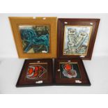 Four pieces of wall art to include a set of four framed ceramic tiles depicting a horse,