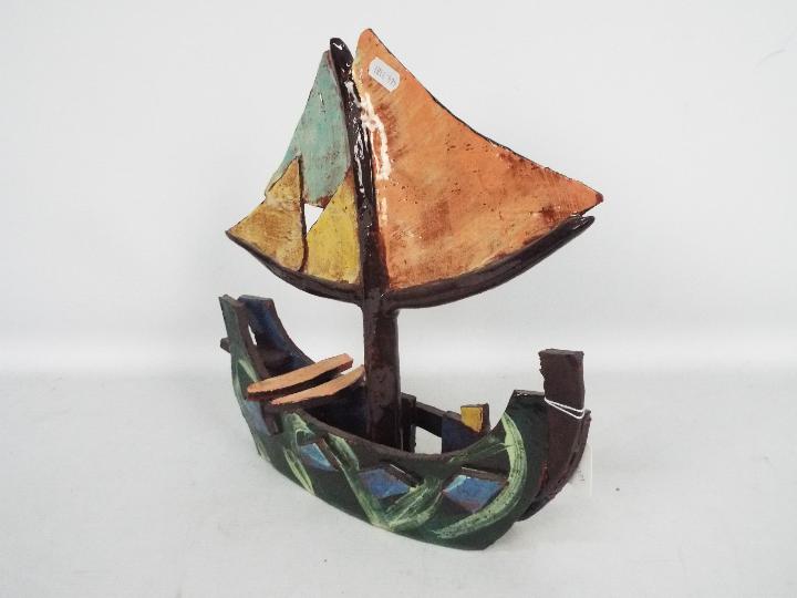 YASAHURU TAJIMA-SIMPSON (Taja) - A red earthenware model depicting a sail boat, - Image 4 of 5