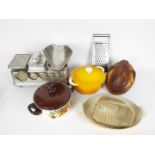 Mixed vintage kitchenalia including scales, casserole dishes and similar.