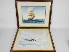 Two watercolours comprising one depicting aircraft in flight and the other a ship at sail,