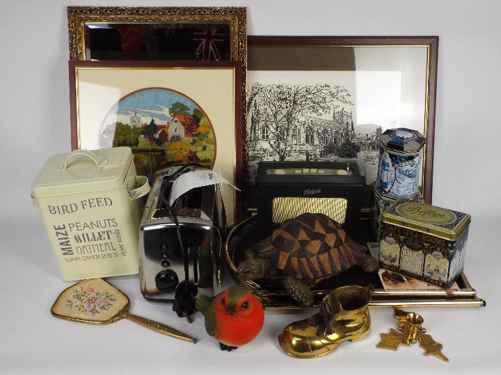 Mixed lot to include tins, radio, garden ornaments, pictures, mirror and similar.