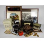 Mixed lot to include tins, radio, garden ornaments, pictures, mirror and similar.