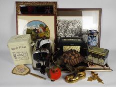 Mixed lot to include tins, radio, garden ornaments, pictures, mirror and similar.