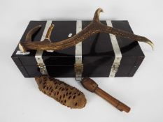 Lot to include a small metal bound trunk, stag antler and other.