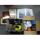 A mixed lot to include camping equipment, medical equipment, framed train print and other.