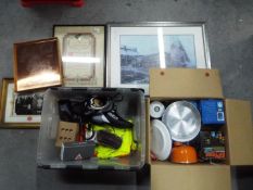 A mixed lot to include camping equipment, medical equipment, framed train print and other.