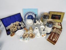 Mixed lot comprising plated ware and ceramics to include Wedgwood, Hummell, Beswick and similar.