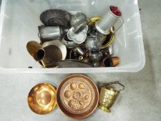 Mixed metalware including copper, pewter and brass.