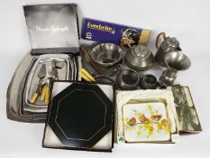 Mixed lot to include pewter tea service, flatware and other.