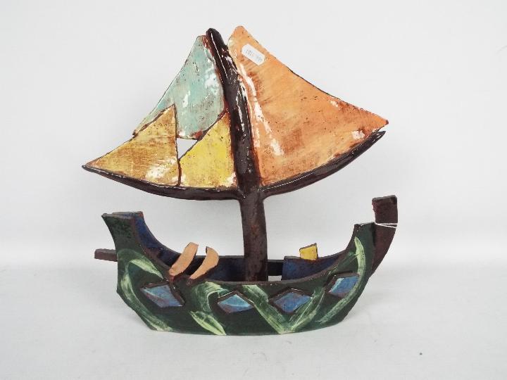 YASAHURU TAJIMA-SIMPSON (Taja) - A red earthenware model depicting a sail boat, - Image 2 of 5