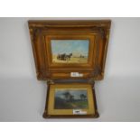 Two small framed, oil on board landscape scenes, largest approximately 11 cm x 16 cm image size.