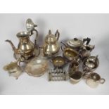 A collection of mixed plated ware to include teapots, coffee pot, sugar bowls, cream jugs,