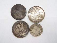 Lot to include a Victorian crown 1889, Edwardian crown 1902, a florin and cartwheel penny.