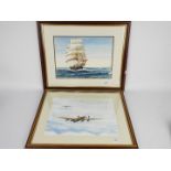 Two watercolours comprising one depicting aircraft in flight and the other a ship at sail,