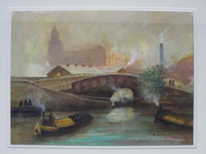 David Barrow (1959 -) - Oil painting depicting barges on a canal with a bridge in the middle - Image 2 of 4