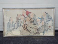 A large framed watercolour by Wang Ling Ren depicting Shou Lao and the Immortals contemplating the