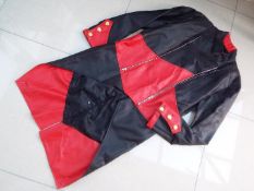 A red and black faux leather coat, size