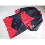 A red and black faux leather coat, size