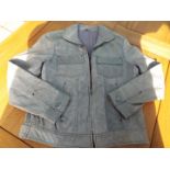 A leather jacket, pale grey, zip front,