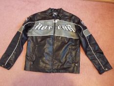 A black faux leather zip front jacket with white slogan 'No Fear' to the front and back, size M,