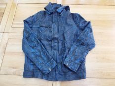 A soft real leather jacket, black and blue marbled finish, zip front with detachable hood, size L,