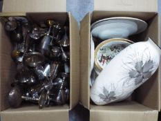 A mixed lot to include ceramics, plated ware, clock, wall art and similar, two boxes.