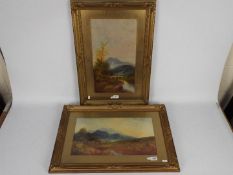 Two oil paintings depicting mountainous landscape scenes, mounted and framed under glass,
